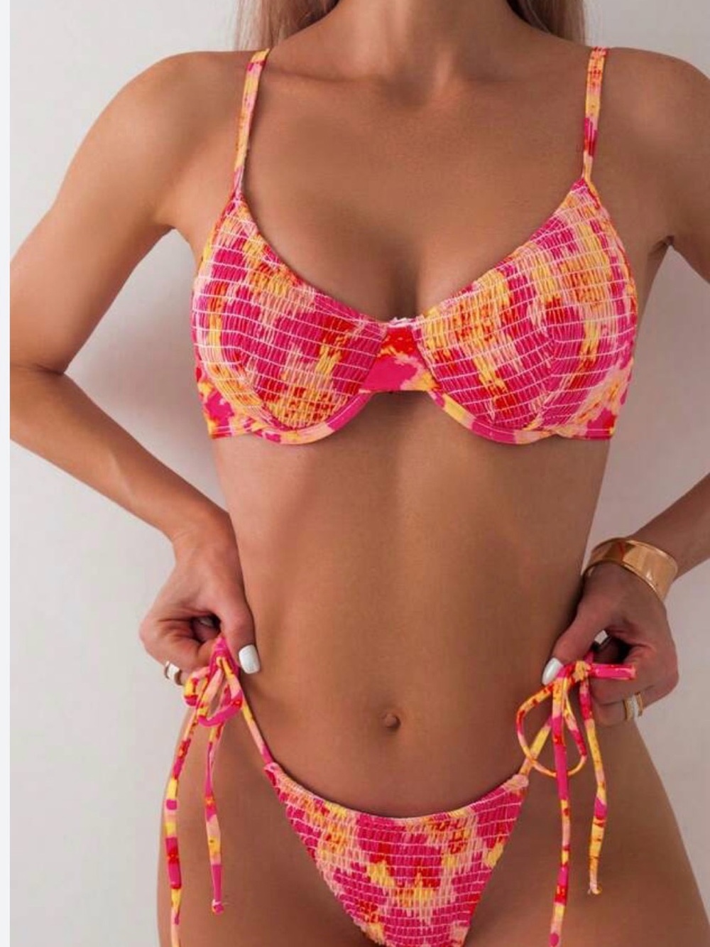 SHEIN Pink & Yellow Smocked Underwire Bikini